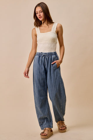 STRIPED DENIM BARREL LEG DRAWSTRING PANTS