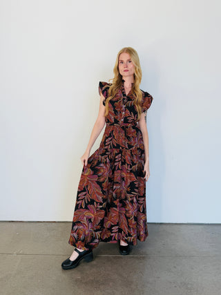 RUFFLE SLEEVE PRINTED FALL MAXI DRESS