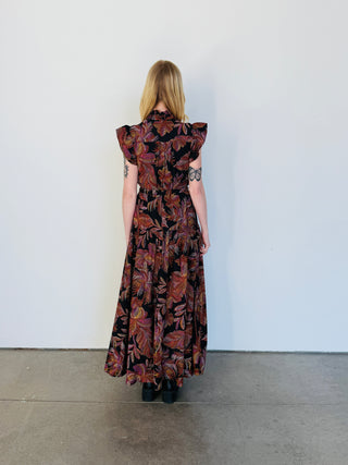 RUFFLE SLEEVE PRINTED FALL MAXI DRESS
