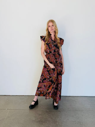 RUFFLE SLEEVE PRINTED FALL MAXI DRESS
