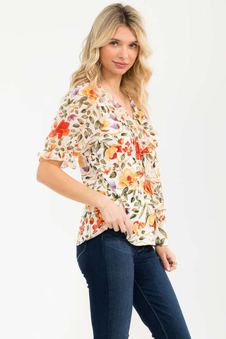 FLORAL MIXED MEDIA PINTUCK CASCADE BLOUSE