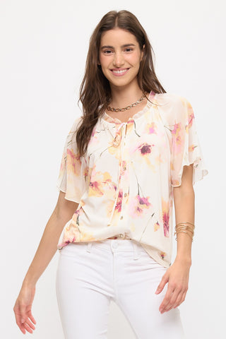 FLORAL MIXED MEDIA FLUTTER PEASANT TOP