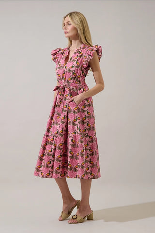 RUFFLE MIDI PEACOCK DRESS