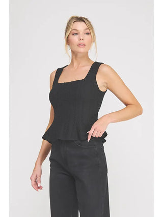 POINTELLE KNIT SQUARE NECK PEPLUM TANK
