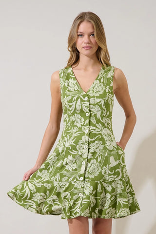 OLIVE FLORAL BUTTON DOWN MINI DRESS