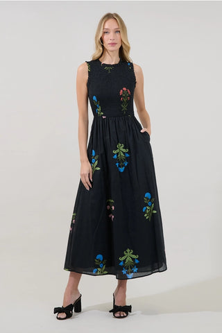 BLACK FLORAL PRINT SMOCKED MAXI DRESS