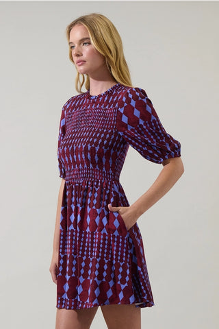 BURGUNDY BLUE GEOMETRIC PRINT SMOCKED DRESS