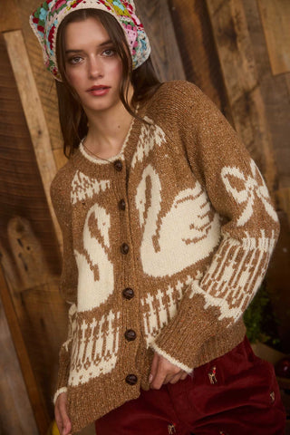 SWAN JACQUARD BUTTON DOWN CARDIGAN