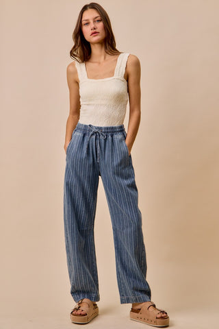STRIPED DENIM BARREL LEG DRAWSTRING PANTS