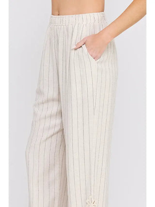 STRIPED LINEN BLEND ANKLE CROCHET PANTS
