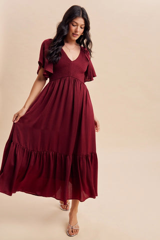 SMOCKED V NECK MERLOT RED MIDI DRESS