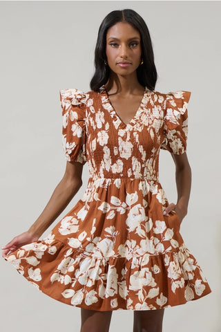 RUST FALL FLORAL MINI DRESS