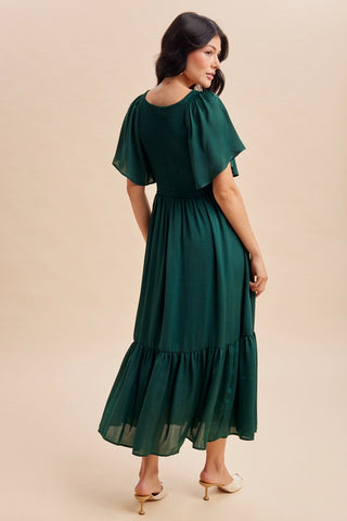 SMOCKED V NECK EMERALD MIDI DRESS