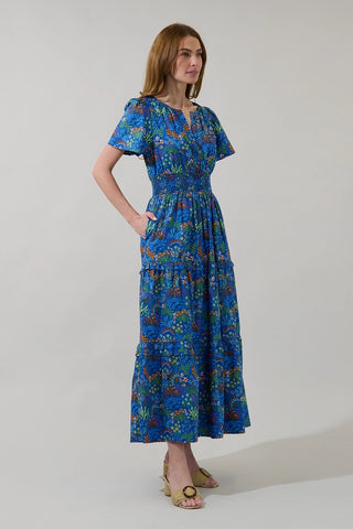 COBALT FLORAL FALL TIERED MAXI DRESS