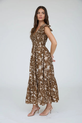 FLORAL SMOCKED V NECK DRESS