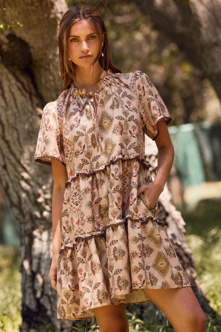 AZTEC PRINTED TIERED MINI BABYDOLL DRESS