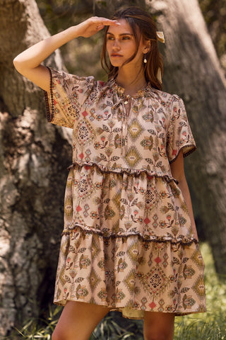 AZTEC PRINTED TIERED MINI BABYDOLL DRESS