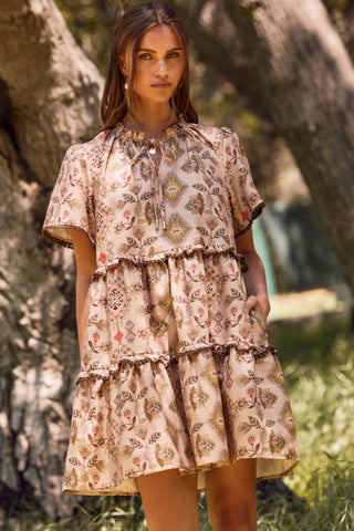 AZTEC PRINTED TIERED MINI BABYDOLL DRESS