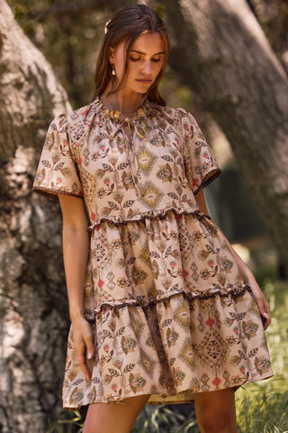 AZTEC PRINTED TIERED MINI BABYDOLL DRESS