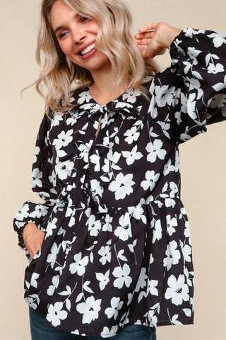 BLACK & WHITE FLORAL BOW TIE BABYDOLL SATIN TOP