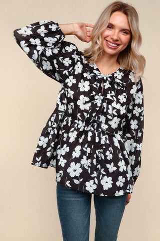 BLACK & WHITE FLORAL BOW TIE BABYDOLL SATIN TOP