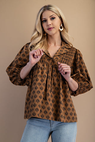 PRINTED FRONT TIE COTTON BLOUSE