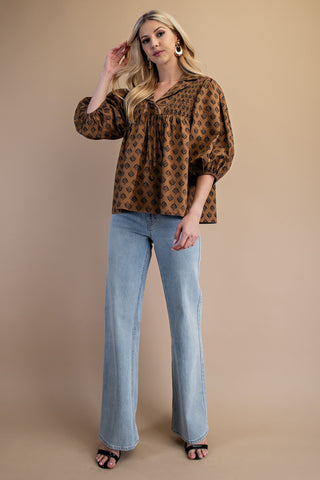 PRINTED FRONT TIE COTTON BLOUSE