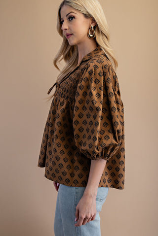 PRINTED FRONT TIE COTTON BLOUSE