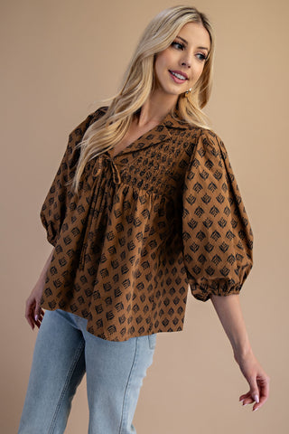 PRINTED FRONT TIE COTTON BLOUSE