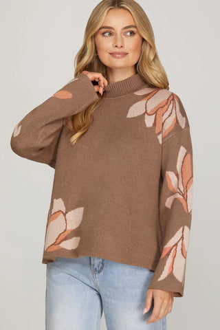 FLOWER PATTERN MOCK NECK SWEATER