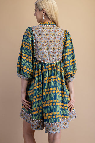 CONTRASTING FABRIC COTTON MINI DRESS