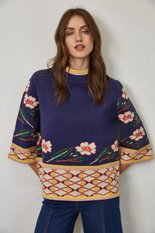 PATTERNED KNIT MOCK NECK SWEATER