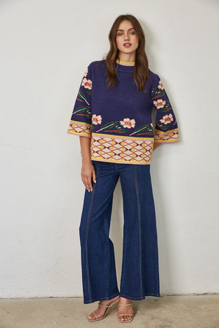 PATTERNED KNIT MOCK NECK SWEATER