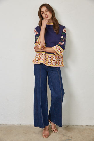 PATTERNED KNIT MOCK NECK SWEATER