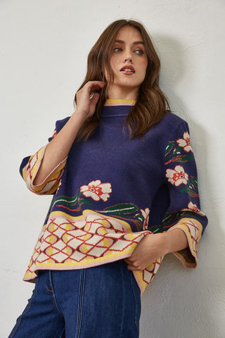 PATTERNED KNIT MOCK NECK SWEATER