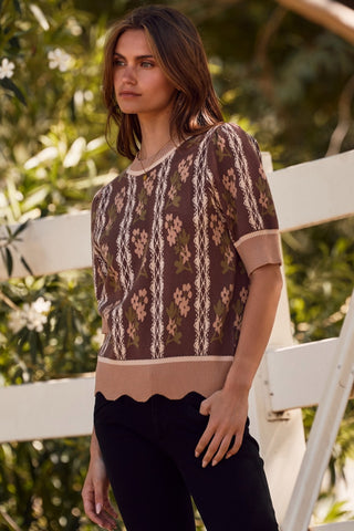 FLORAL JACQUARD PUFF SLEEVE SWEATER