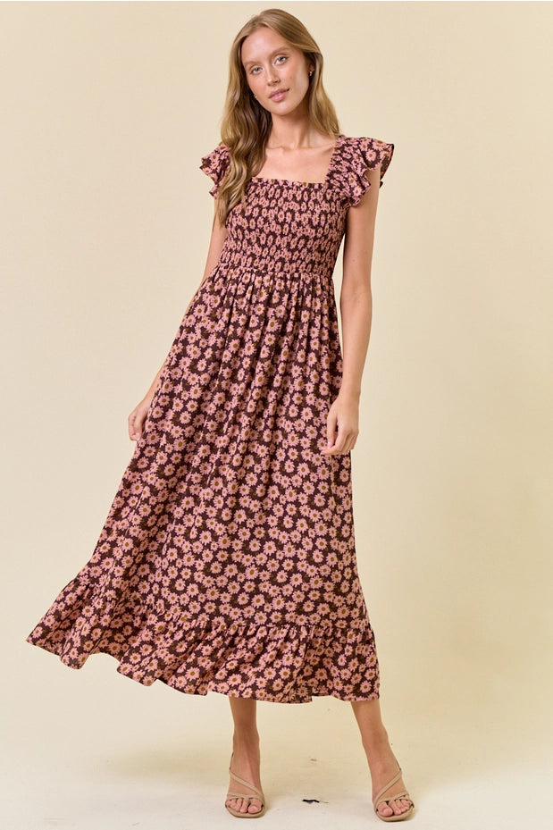 pink and red floral midi dress Pink and Red Jacquard Floral Midi Dress