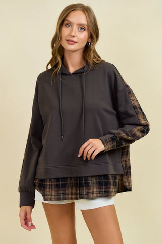 FRENCH TERRY & FLANNEL MIXED PULLOWOVER HOODIE