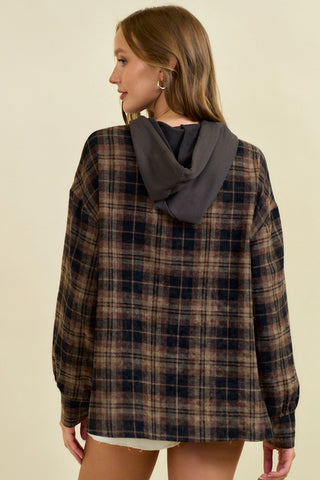 FRENCH TERRY & FLANNEL MIXED PULLOWOVER HOODIE