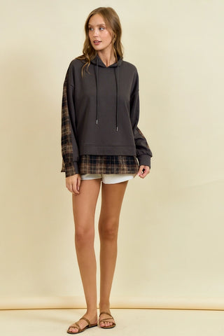 FRENCH TERRY & FLANNEL MIXED PULLOWOVER HOODIE