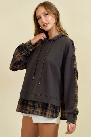 FRENCH TERRY & FLANNEL MIXED PULLOWOVER HOODIE
