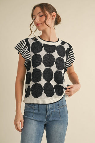 POLKA DOT & STRIPE KNIT TOP WITH FLUTTER SLEEVES