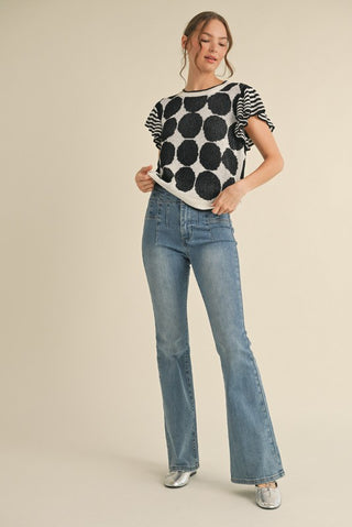 POLKA DOT & STRIPE KNIT TOP WITH FLUTTER SLEEVES
