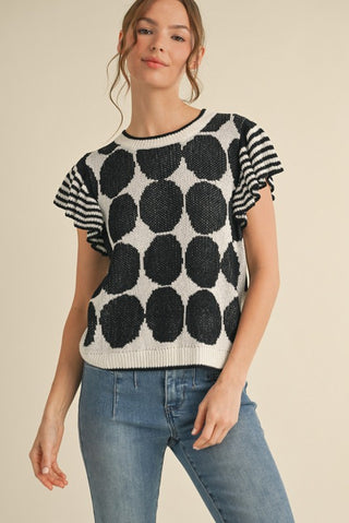 POLKA DOT & STRIPE KNIT TOP WITH FLUTTER SLEEVES