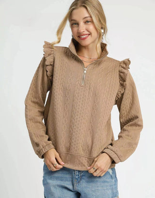 CABLE KNIT TEXTURED PULLOVER WITH RUFFLES