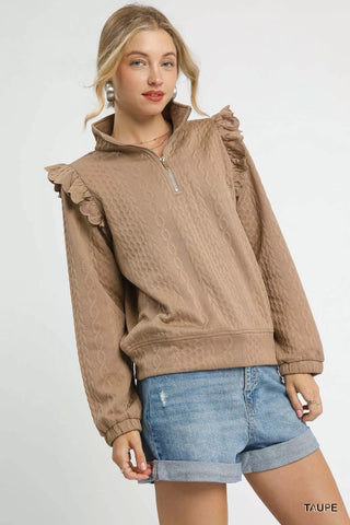 CABLE KNIT TEXTURED PULLOVER WITH RUFFLES