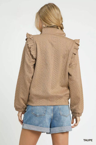 CABLE KNIT TEXTURED PULLOVER WITH RUFFLES