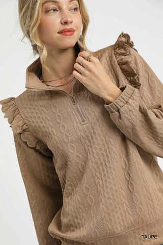 CABLE KNIT TEXTURED PULLOVER WITH RUFFLES