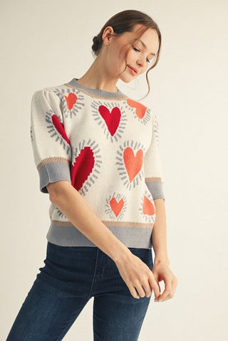 PUFF SLEEVE HEART KNIT SWEATER TOP