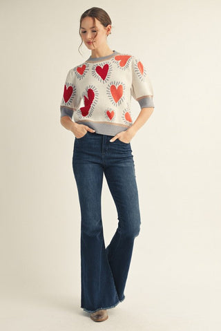 PUFF SLEEVE HEART KNIT SWEATER TOP